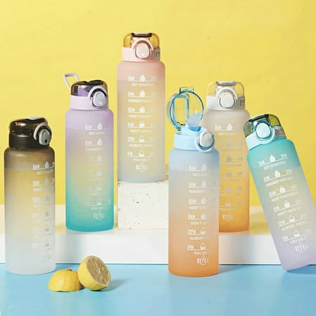 

Xinhuadsh 1000ml Drinking Bottle Time Scale Leakproof One Key Opening with Handle Gradient Color Gym Sports Water Bottle Outdoor Supply