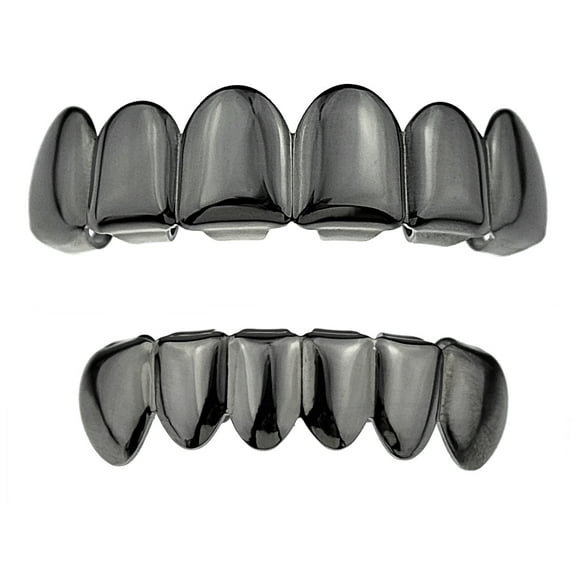 Black Plated Grillz Set Top Upper And Bottom Lower Teeth Hip Hop Mouth Grills