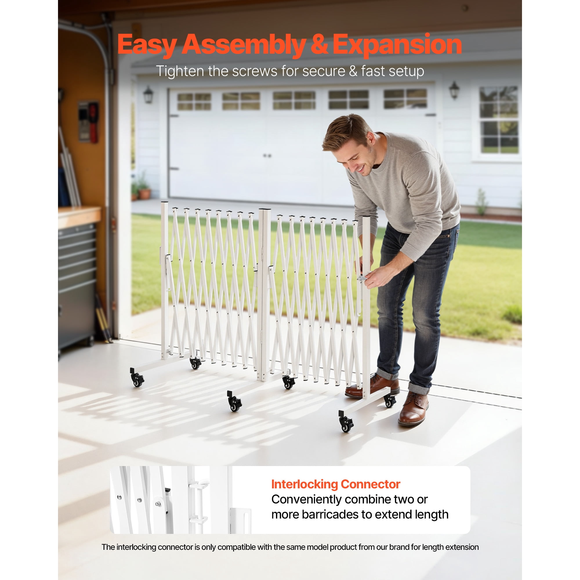 KFFKFF Double Expandable Barricades, 18FT Adjustable Safety Barrier, 0-180° Rotating Mobile Gate with Locking Wheels, Portable Folding Security Fence for Outdoor, Stairways
