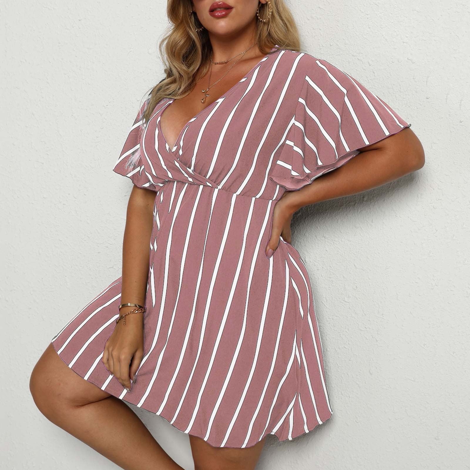 IROINNID Plus Size Dresses For Women Date Night Fashion Summer V Neck Short  Sleeve Loose Stripe Print Dress Cheap - Walmart.com