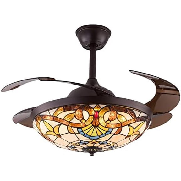 42" Tiffany Ceiling Fan Light,Stained Glass Chandelier Fan 3-Color Retractable LED Chandelier Lamp with 3-Speed Wind Speed Remote Control for Home Living Room Bedroom$$Tools & Hardware Other