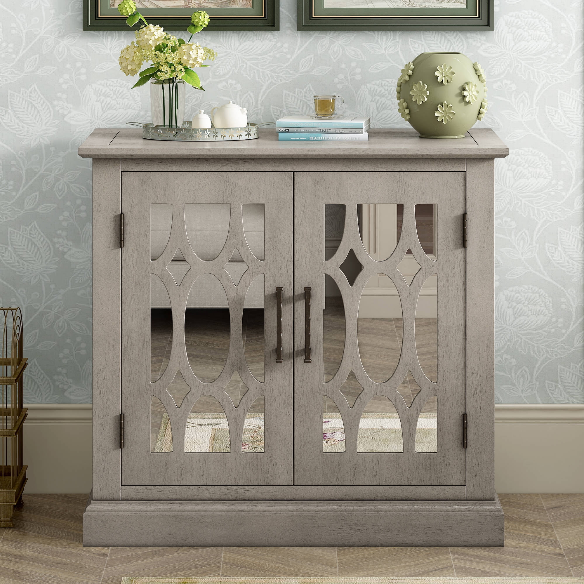 Accent Storage Wooden with Decorative Mirror Door