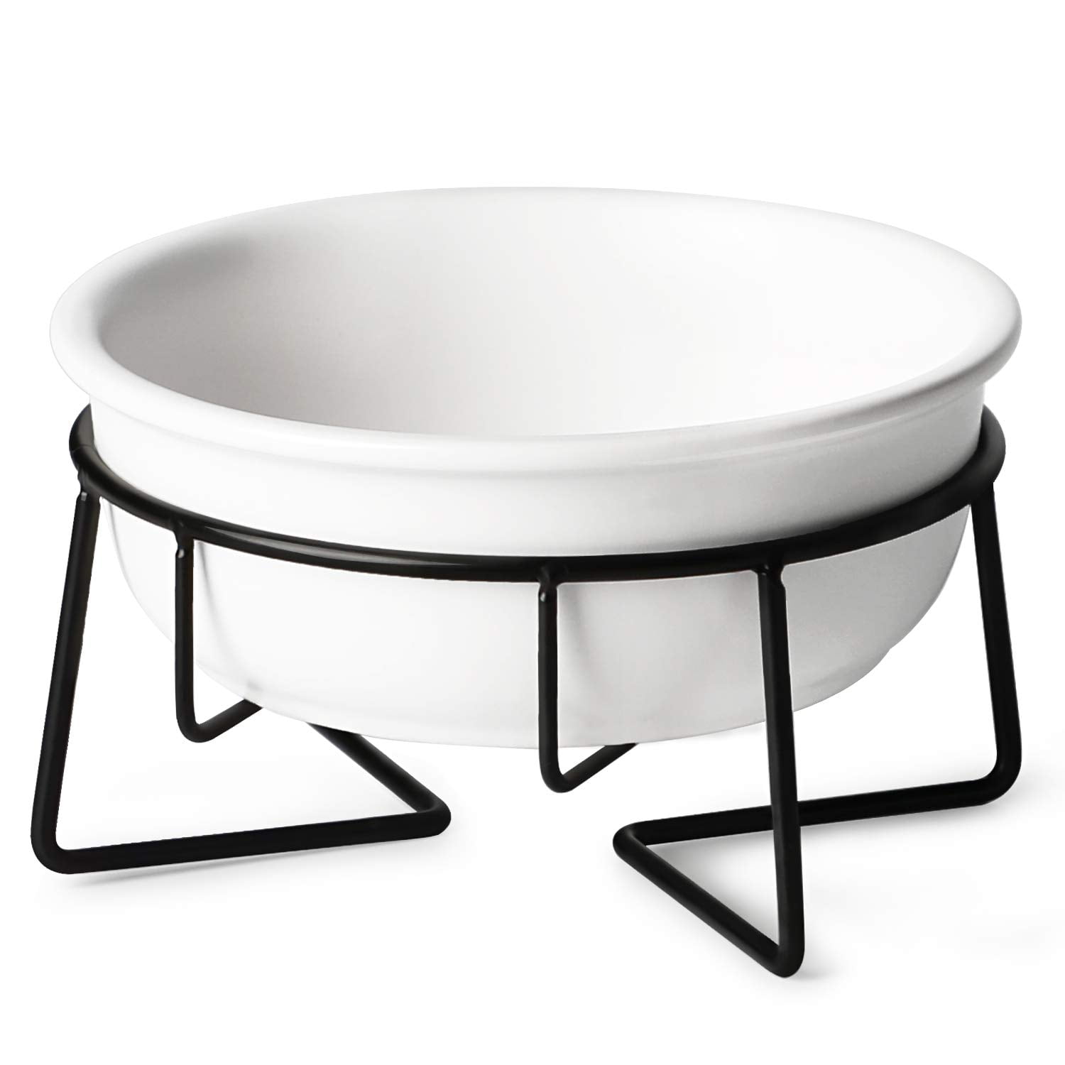 Ceramic Raised Cat Dishes or Small Dog Bowl with Metal Stand 12 Ounces, White