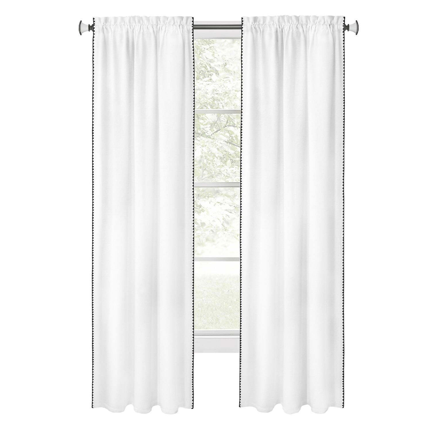 Achim Kendal Solid Rod Pocket Light Filtering Curtain Panel, White/Black, 52" x 84"