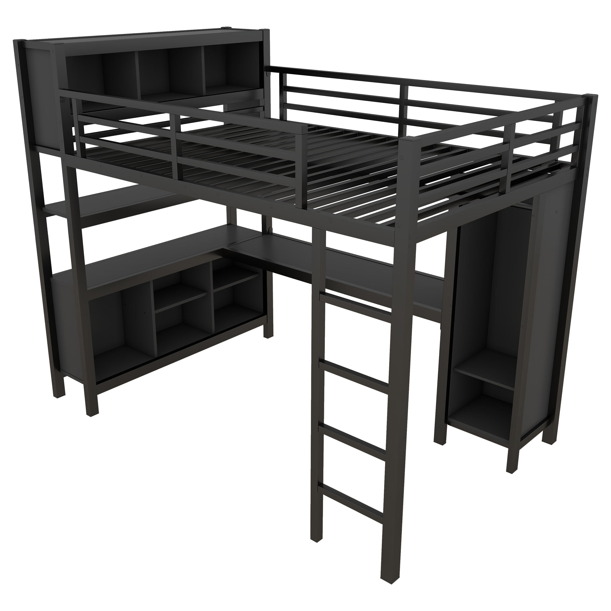 Full Size Loft Bed for Teens and Adults,Metal Loft Bed with Wardrobe And L-shaped Desk,Heavy Duty Loft Bed with Storage Cubes and Shelves for Kids Teens Adults,Black