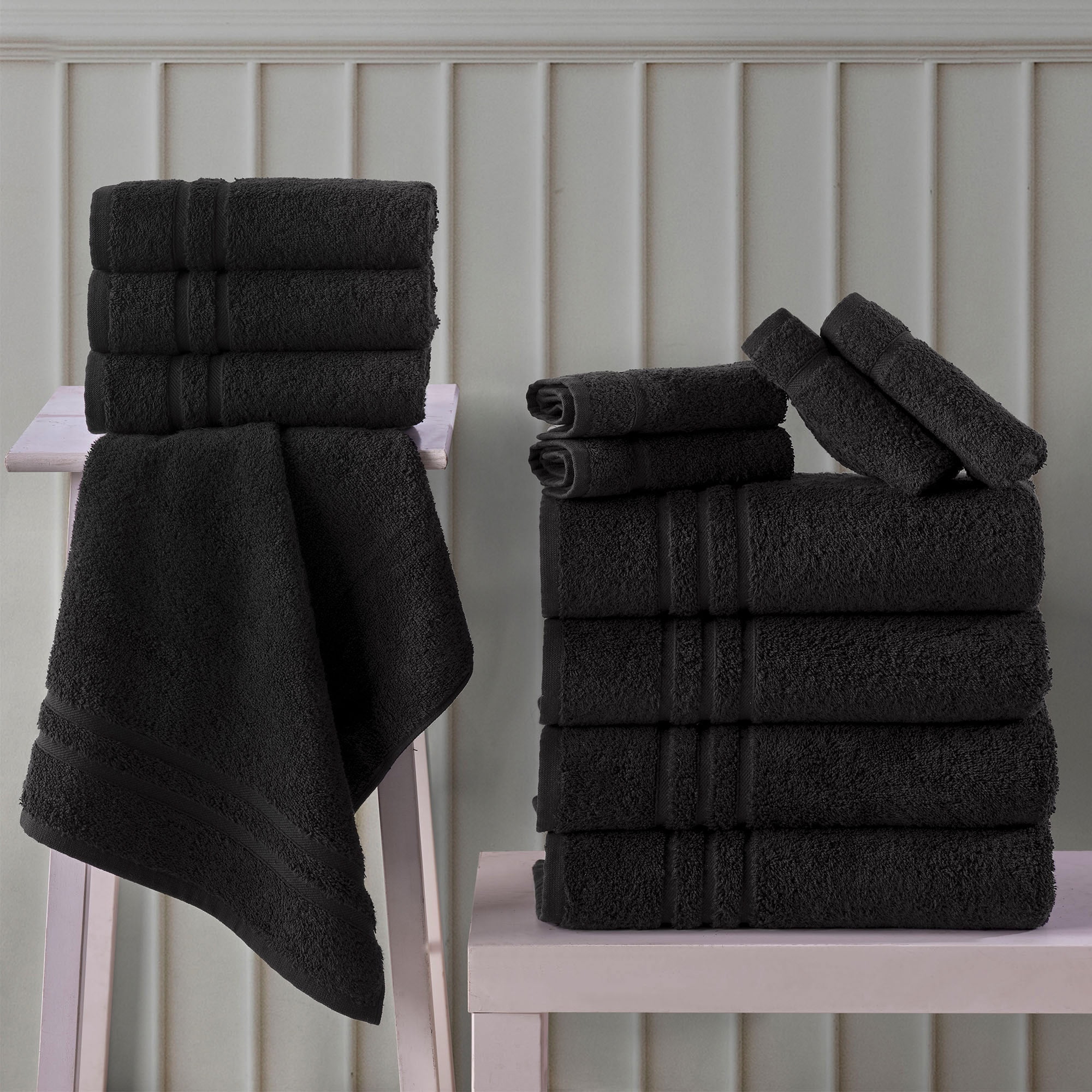 Hawmam Linen Black Bathroom Accessories Set - 12 Piece Bathroom Set: 4 Bath Towels, 4 Hand Towels, 4 Washcloths, 100% Turkish Cotton, Quickdry, High Absorbent, Dorm Room Essentials Spa 600 GSM