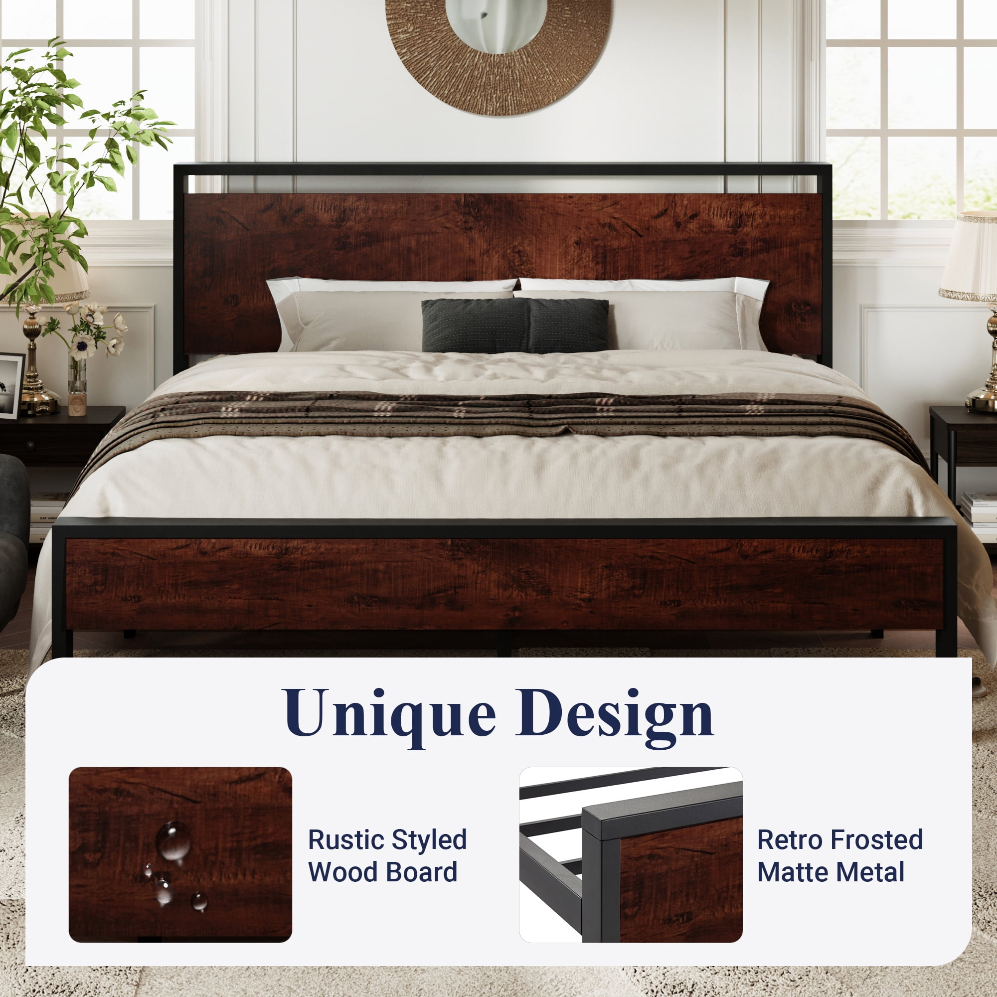 Allewie King Size Bed Frame, Heavy Duty Metal Platform Bed with Wooden Headboard & Footboard, No Box Spring Needed, Mahogany