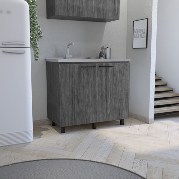 Miekor Furniture Napoles 2 Utility Sink with Cabinet, Stainless Steel Countertop, Interior Shelf 0309