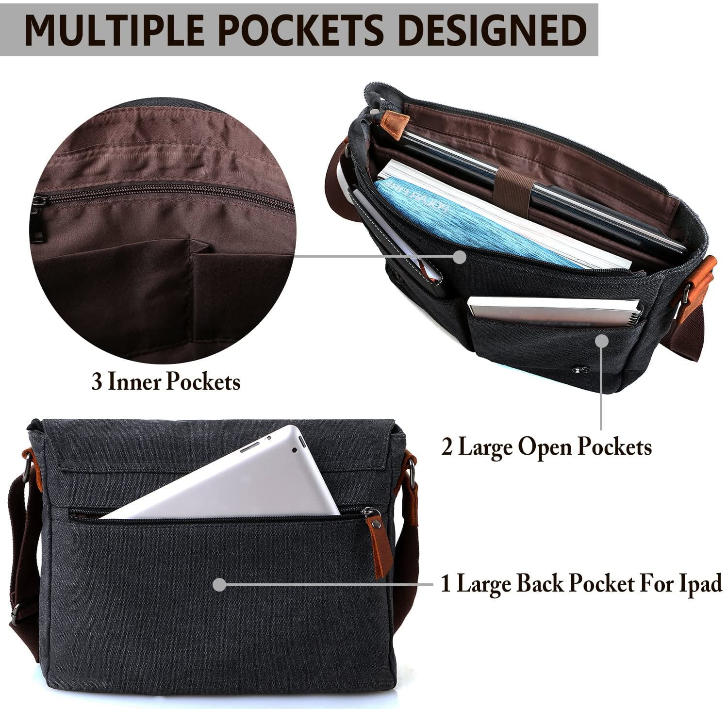 14 Inch Laptop Messenger Bag for Men and Women,Canvas Leather Shoulder Bag for Work School VONXURY 