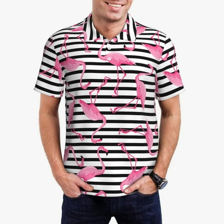 Logiee Flamingos Print Mens Polo Shirts Mens Golf Polo Shirts Short Sleeve Casual Polo Shirts for Men Summer Fashion Beach Shirts-Large