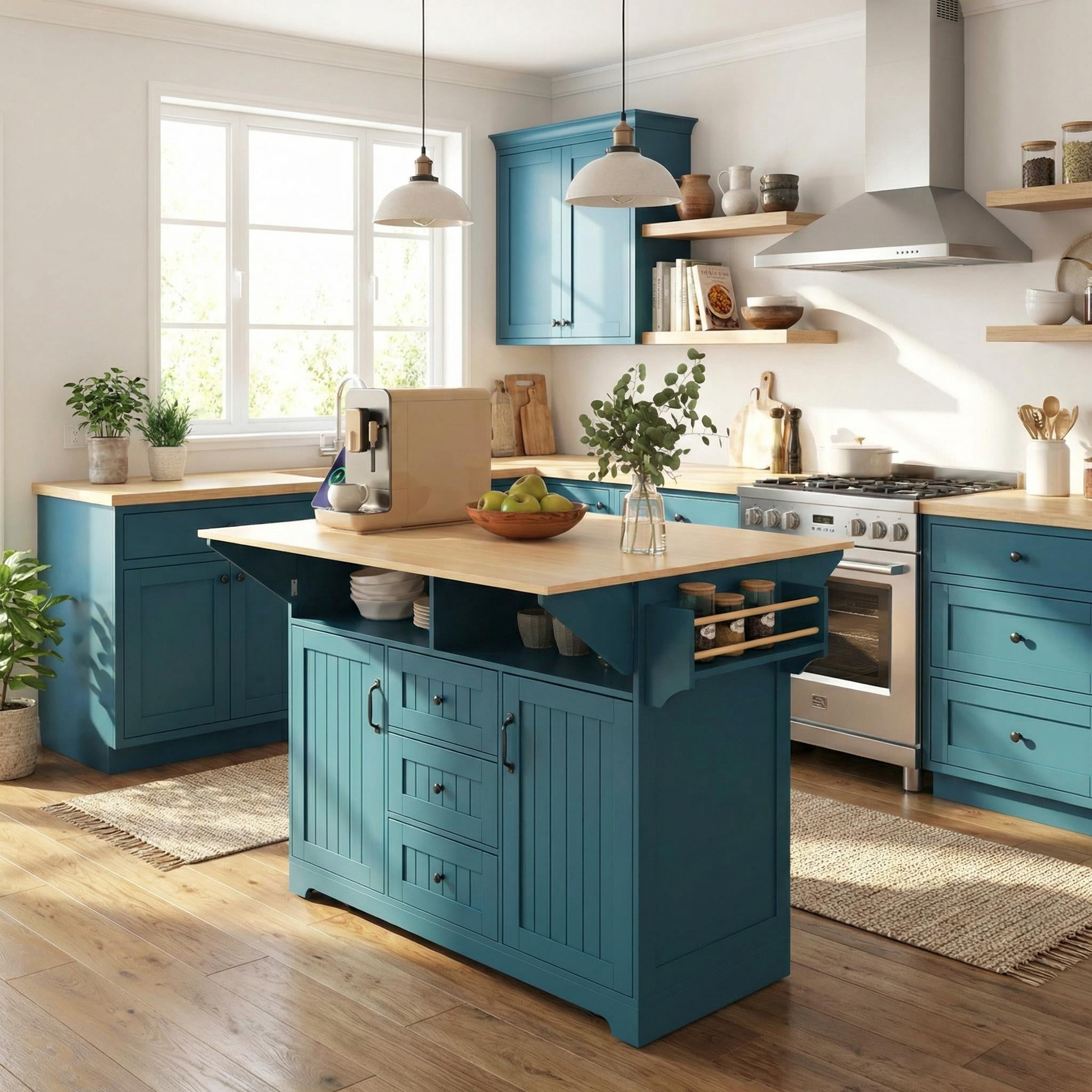 Homy Casa 55.7" Folding Kitchen Island with Power Outlet, Dual Drop Leaves and Storage Drawers