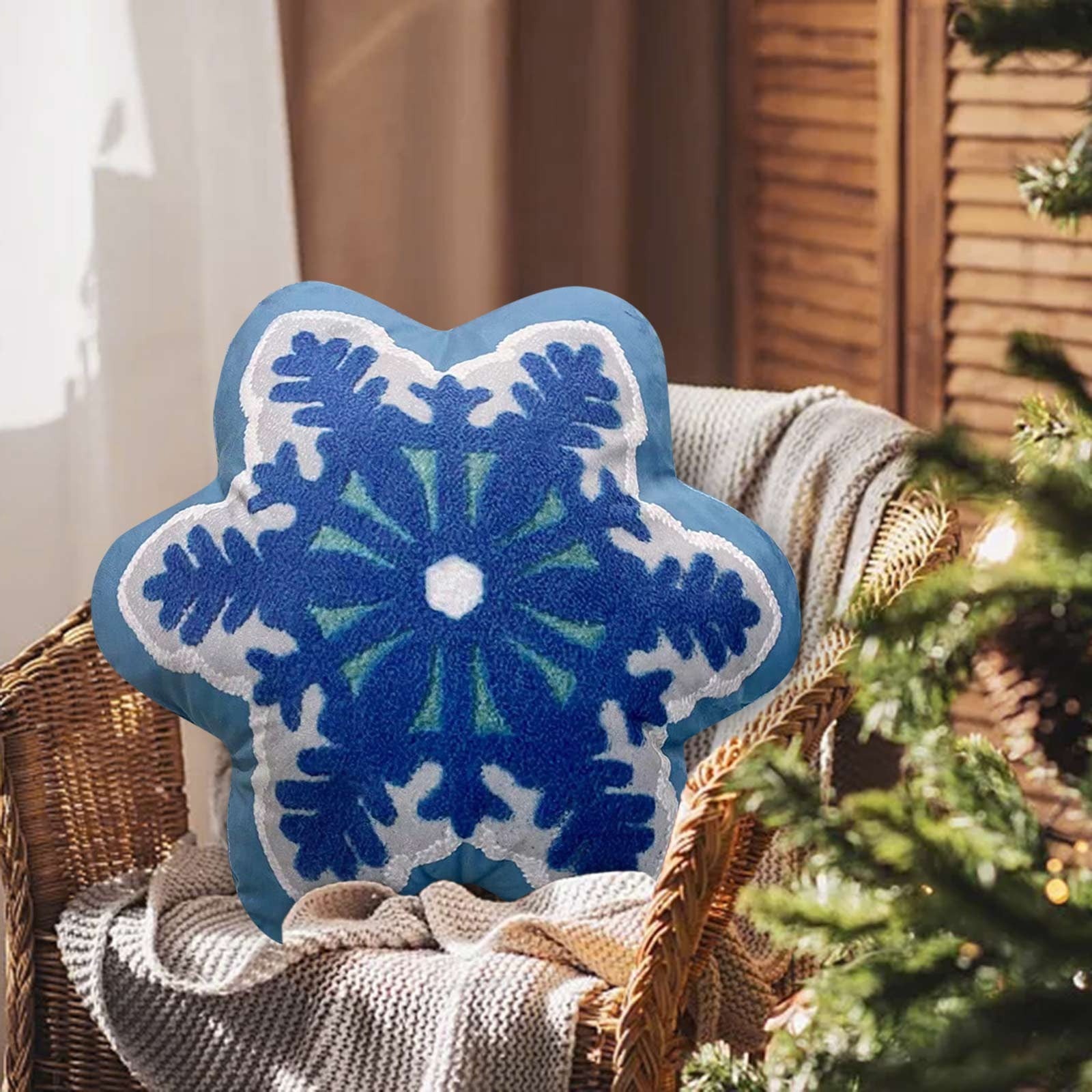Oreillers Décoratifs En Forme De Flocon De Neige 40x40 Cm - Décoration Noël Hiver, Blanc, Tissu Court