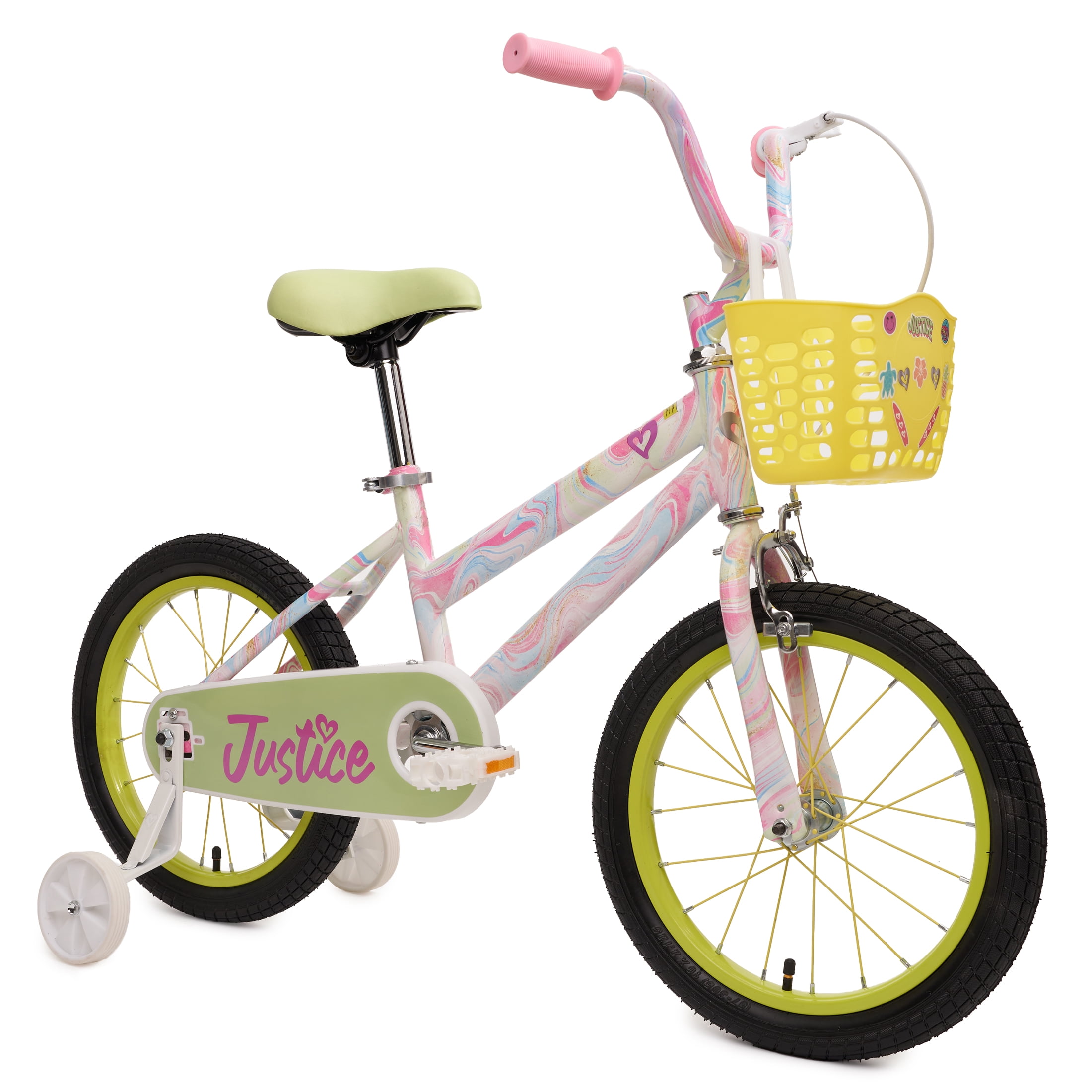 Justice Boardwalk Brights 16” Cotton Candy Swirl Bike with Basket, Charms & Optional Training Wheels