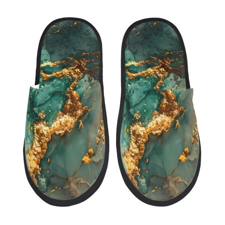Balery Emerald Color Gold Marble Slient Indoor Furry Fleece Comfort House Shoes Soft Non-Slip Home Shoes Cotton slippers House Slippers-- Medium