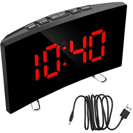 Wewean Atomic Desktop Clock 7 Inch Digital Alarm Clock LED Screen Curved Dimmable Mirror Clock Large Number Table Clock for Bedroom Home Decors Desktop Clock (Color : Red) O773