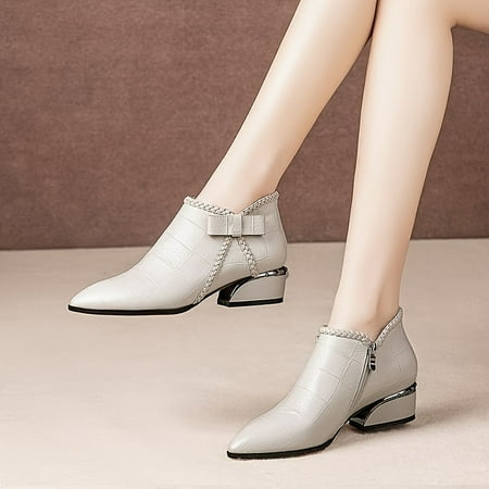 

Pointed Toe Side Zip Chunky Heeled Ankle Boots For Women Faux Leather Nude Shoes