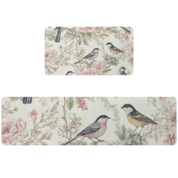 EVANLinism Comfort Kitchen Mat Set of 2 Non Slip Waterproof Elegant Flower and Bird Diagram