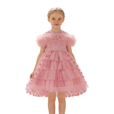XEGLSBU Girls Dresses Size 8 Summer Girls Formal Dress with Skirt Tiered Lace Trim Gown for and Party Celebration Pink Size 3-4 Years