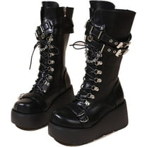 Womens Goth Punk Platform Boots PU Leather Chunky Wedge Heel Combat Boots Lace-Up and Zipper Buckle Round Toe Mid Calf Motorcycle Boot