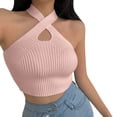 thumbnail image 3 of Womens Tops Halter Strappy Knitted Off Shoulder Crop Top Sleeveless Padded Casual Basic Tank Top One Size Size Tank Tops for Women, 3 of 6