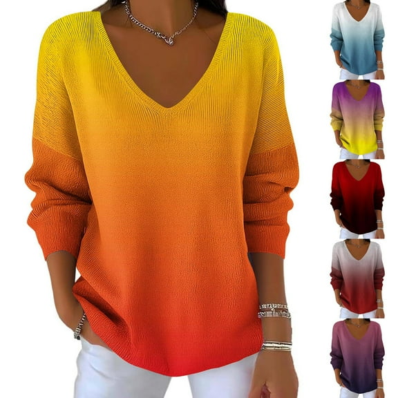 Feancey Womens V Neck Cotton Sweaters Plus Size Trendy Gradient Print Long Sleeve Pullover Tops Loose Fit Casual Knit Sweater Soft Knitted Jumper Orange 4XL