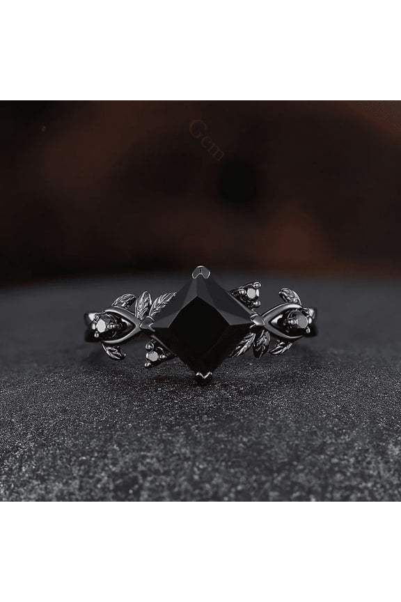 Gothic Black Onyx Engagement Ring- Princess Black Gemstone Wedding Ring in 14K Black Gold Vermeil