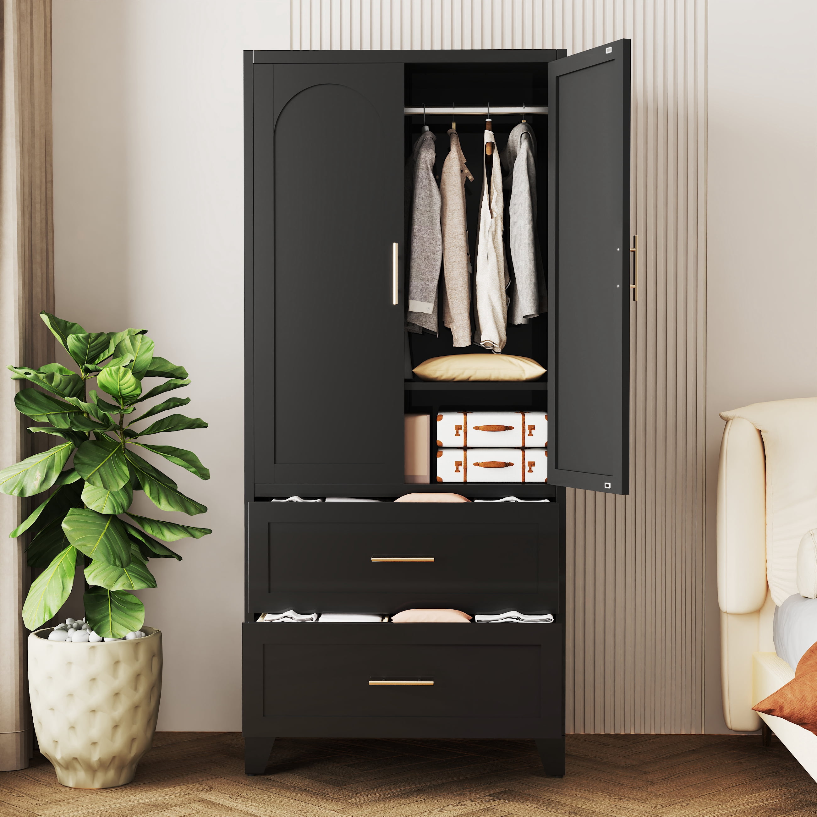 Miniyam 71" Tall Metal Wardrobe Cabinet with 2 Drawers & Hanging Rod, 2-Door Storage Closet for Bedroom Office Laundry Room (Black)