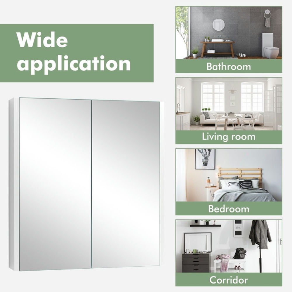 Finihen Bathroom Wall Cabinet, Wall Mounted Bathroom Mirror Cabinet, 2-Tier Wall-Mounted Bathroom Storage Cabinet with Double Mirror Doors and 2 Shelves, for Bathroom, White Finihen Bathroom Wall Cabinet, Wall Mounted Bathroom Mirror Cabinet, 2-Tier Wall-Mounted Bathroom Storage Cabinet with Double Mirror Doors and 2 Shelves, for Bathroom, White