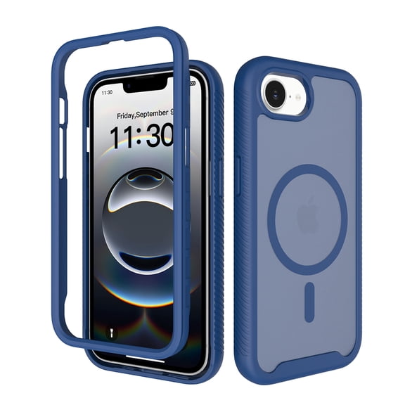 Rugged Magnetic Case for iPhone 16e/17e, Compatible with MagSafe, Built-in Screen Protector Full-Body Military-Grade Protection Shock-Absorbing Protective Translucent Back Case, Blue