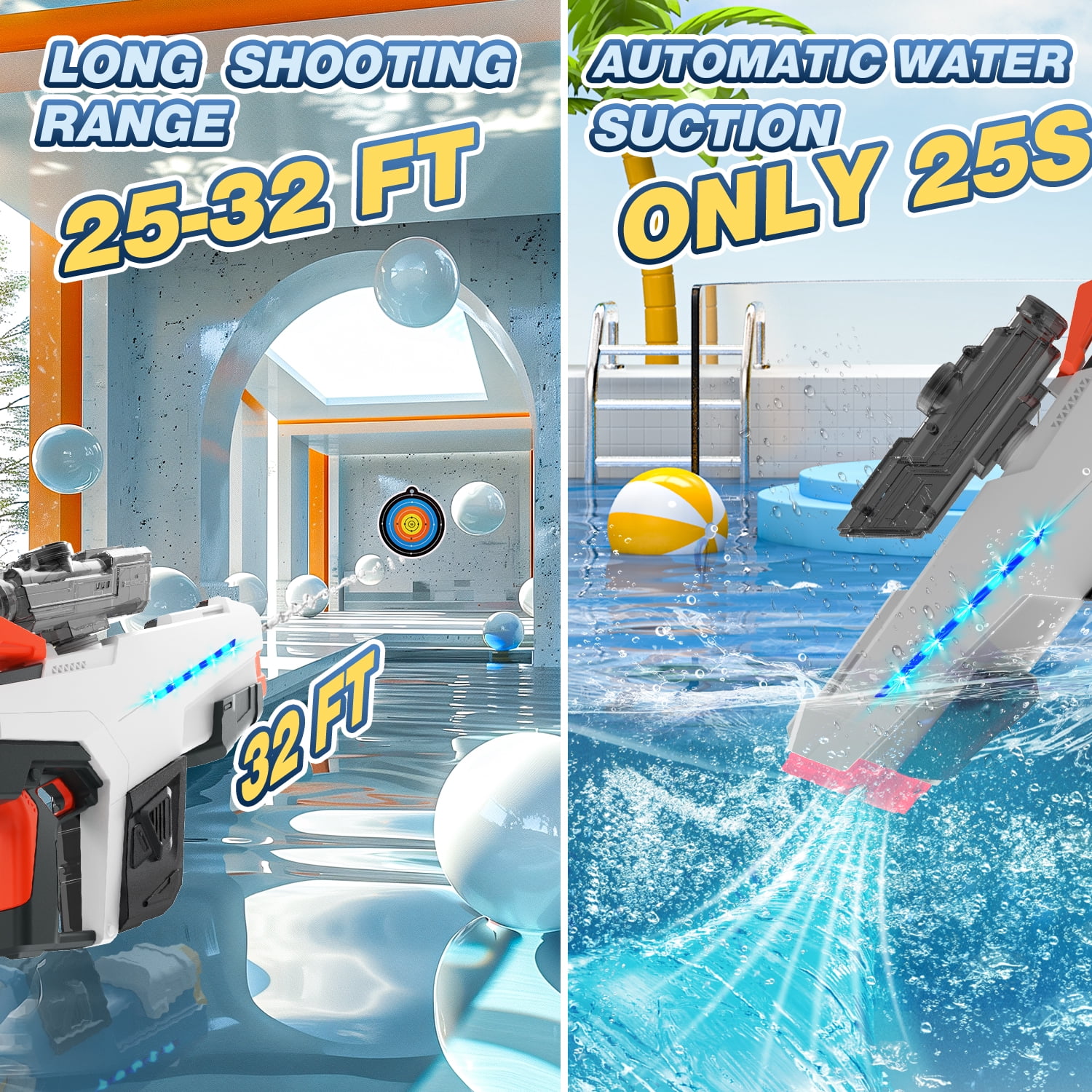 JoyStone Electric Water Blaster with Light, Automatic Manual Suction 2-in-1 Water Blaster for Adult Kids, Squirt Blaster39 Ft Range, Pool Beach Outdoor Party Toys, White