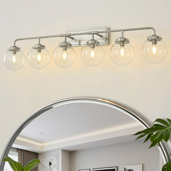Deyidn 6-Light Nickel Bathroom Vanity Light with Clear Globe Glass Shade Modern Bathroom Wall E12 Bulb