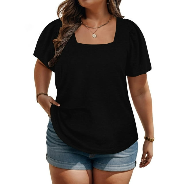 asjyhkr Plus Size T Shirts for Women Summer Short Sleeve Loose Fitting Athletic Tees Solid Color Basic Tshirts