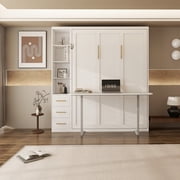 Queen Size Murphy Wall Bed With Desk & Single Side Cabinet,Space-Saving Furniture Desk Murphy Wall Bed for Hotel,Living Room, White