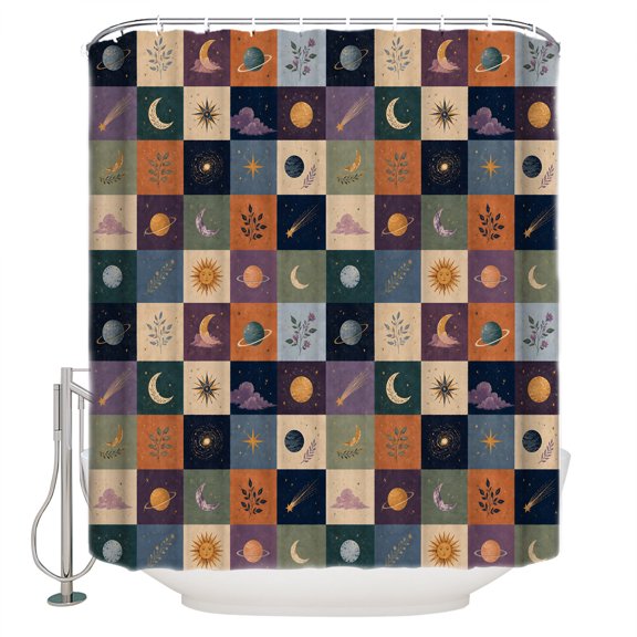 Purple Green Blue Plaid Bathroom Shower Curtains with 12 Hooks Polyester Waterproof Shower Curtain for Stalls and Bathtubs Moon Floral Cat Checked Decorative Bathroom Privacy Curtain 72x84 Inches