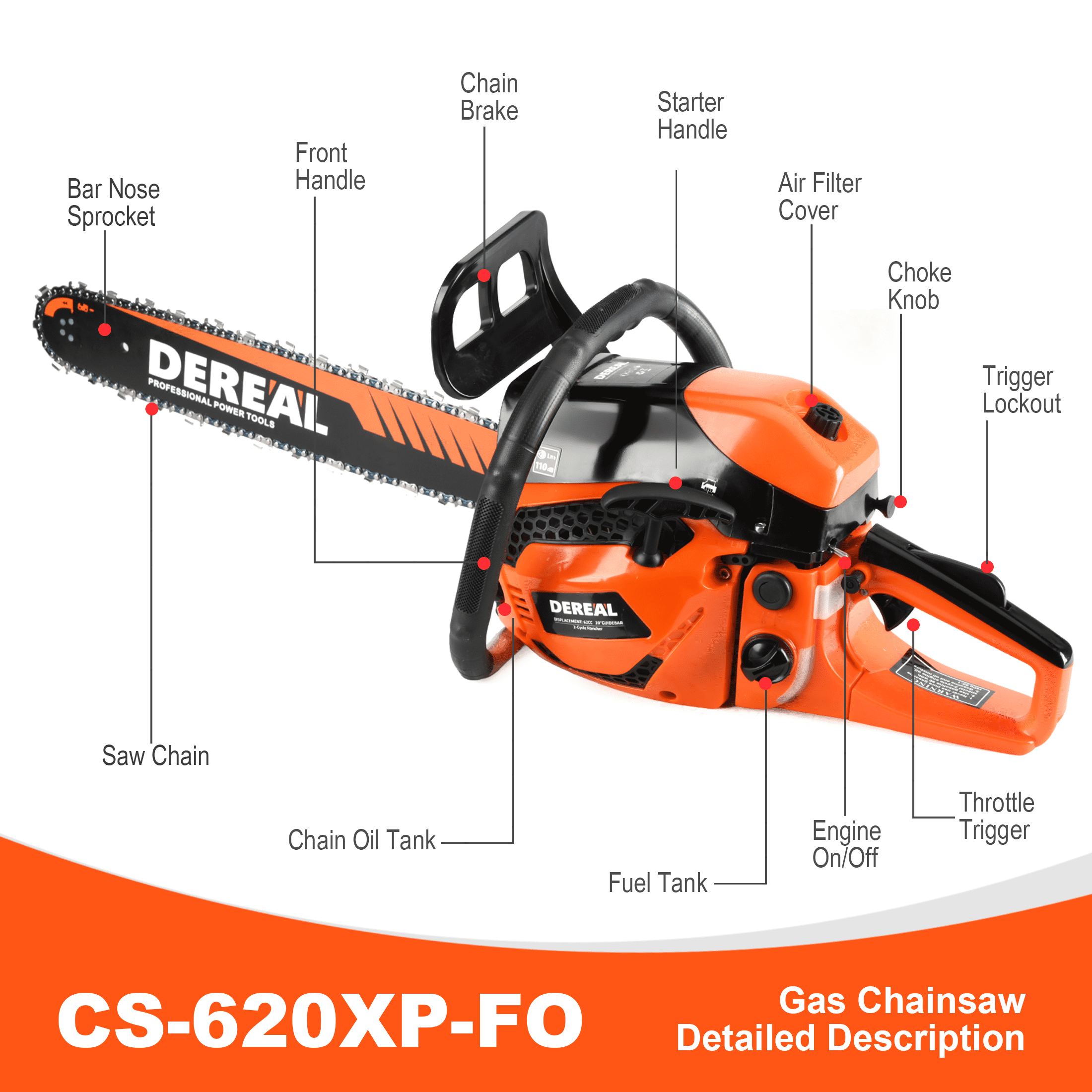 20-Inch 62CC 2-Stroke Gas Chainsaw, Heavy-Duty Gas Powered Wood Cutting Saw with Automatic Oiler & Easy Start for Farm & Home Use 620XP Orange