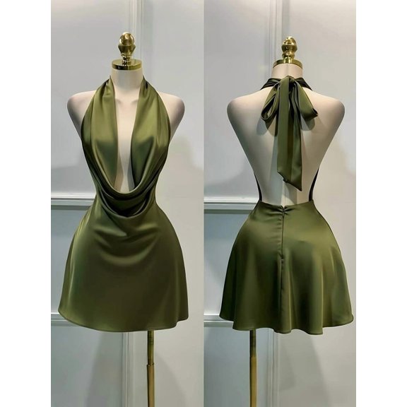 Green Solid Plunging Cowl Neck Halter Backless Mini Dress Summer Elegant