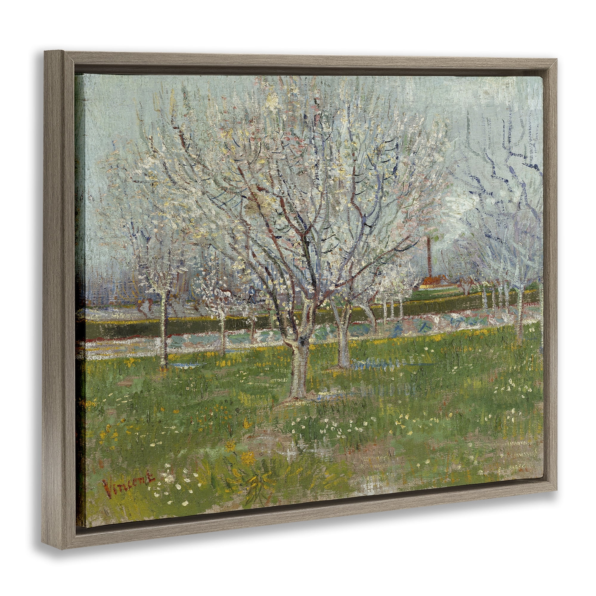 Stupell Industries Van Gogh Orchard in Blossom Landscape & Nature Painting Brown Floater Framed Canvas Art Print Wall Art, 21 x 17