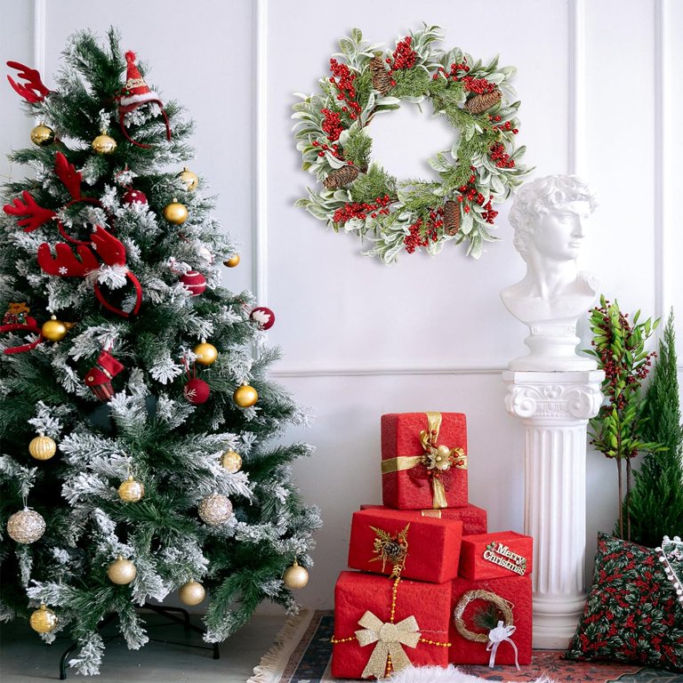 20 Inch Artificial Christmas Wreath With Lambs Ear Leaves, Red Berries & Snow - Winter Door Wreath For Home Decor