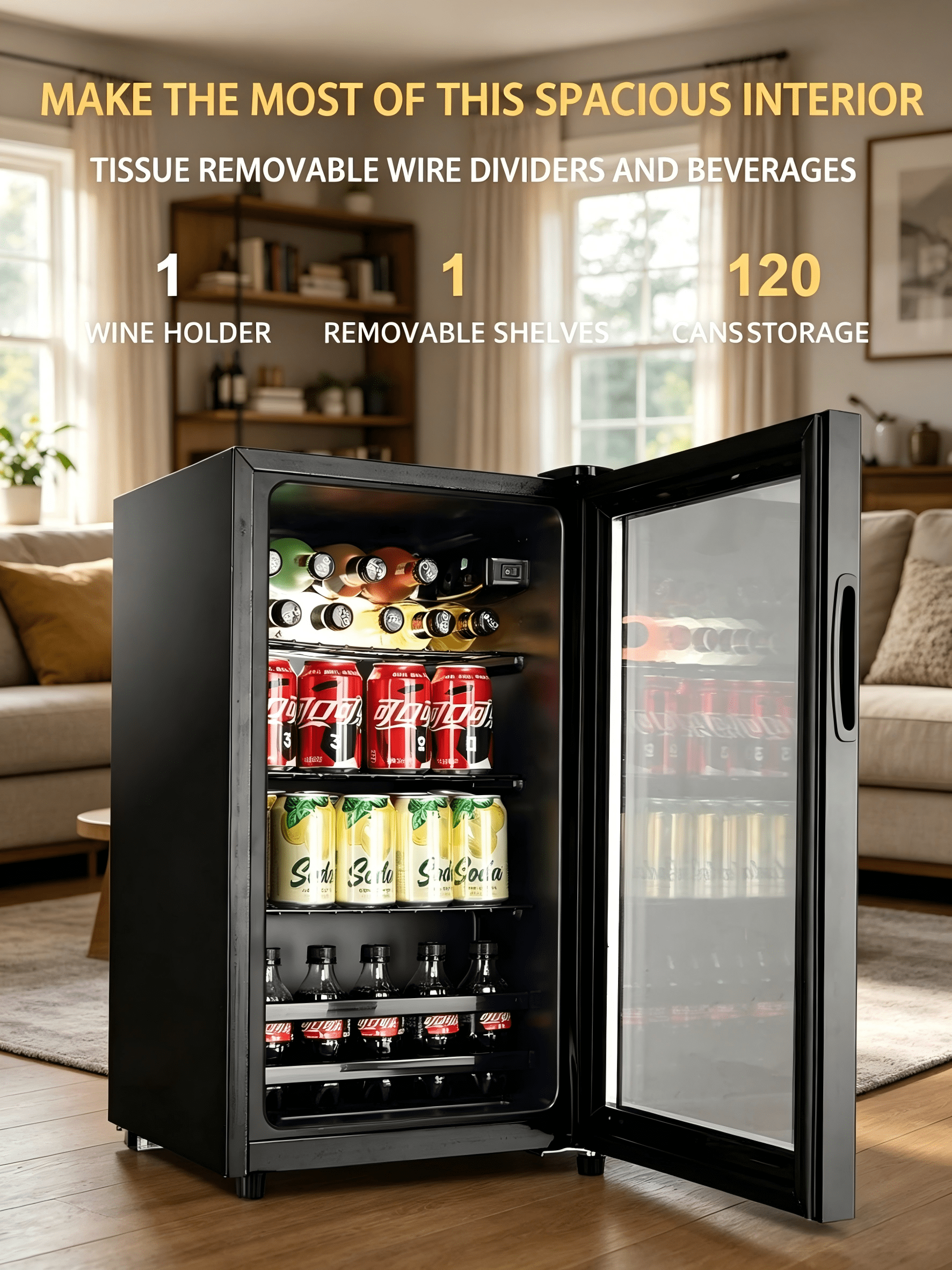 GGTB 3.2 Cu.ft Beverage Refrigerator with Glass Door, 120-Can Drink Cooler for Home Bar Office, Black