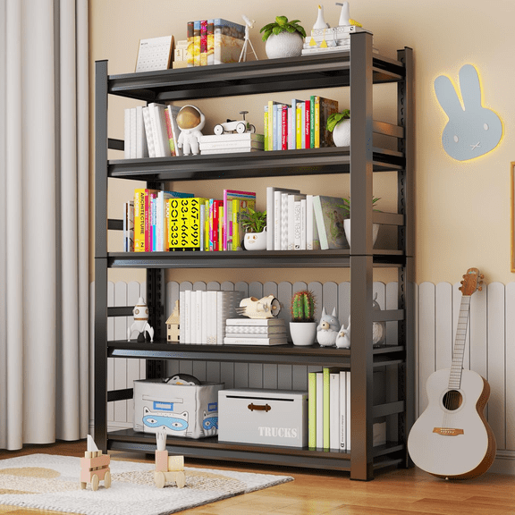 5 Tier Metal Bookshelf, 72" H Bookshelves, Heavy Duty Steel Bookcases, Large Storage Capacity Adjustable Tall Industrial Bookshelf for Living Room, Bedroom and Library, Black