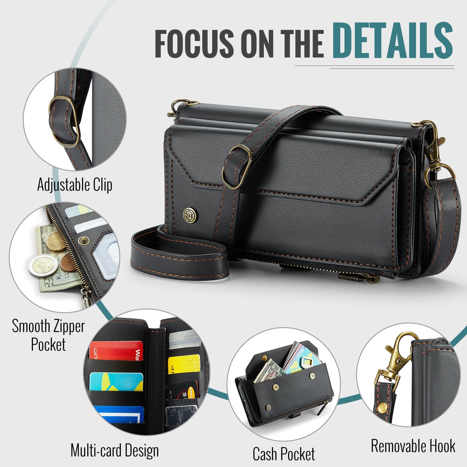 for Samsung Galaxy S23 Plus Full Body Protection Wallet Folio Flip Case, Shoulder Strap & Wristlet Card Slots Zipper Pocket RFID Blocking Rugged Durable PU Leather Phone Case Cover, Black