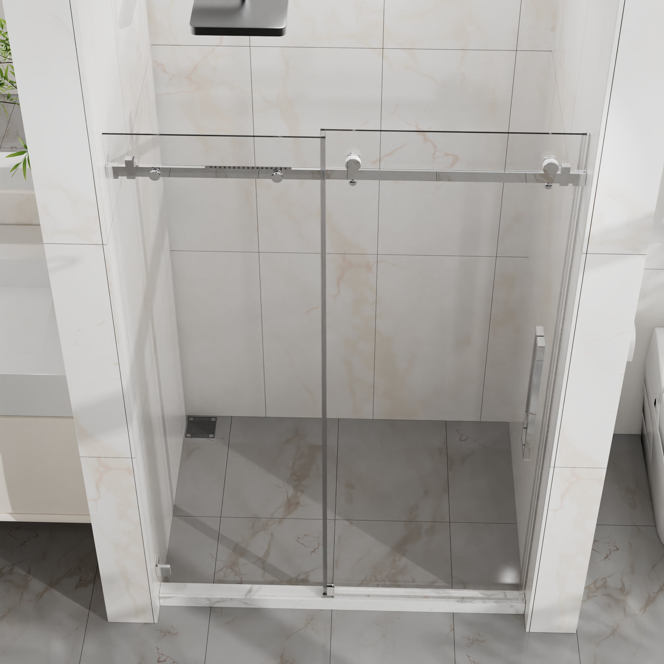 Frameless Shower Door, 48" W x 72" H Sleek Silent Sliding Glass Door, 1/4" (6mm) Thick Tempered Clear Glass with Easy-clean Coating, Heavy-Duty 304 Stainless Steel, Chrome02
