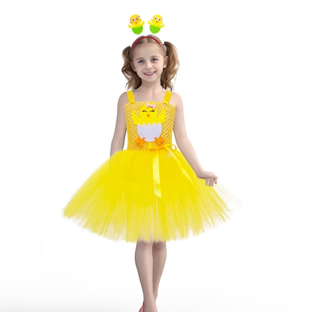 BYHONG Robe d'Été pour Filles, Tenue de Pâques pour Enfants, Robe Tutu de Fête, Robe Décontractée Jaune 5-6 Ans