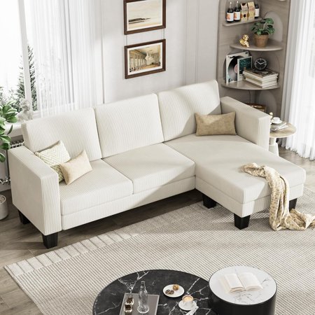 L-Shaped Convertible Sectional Sofa with Corduroy Fabric, Complete with Mobile Footrest, for Living Room, Apartment and Office, 70"