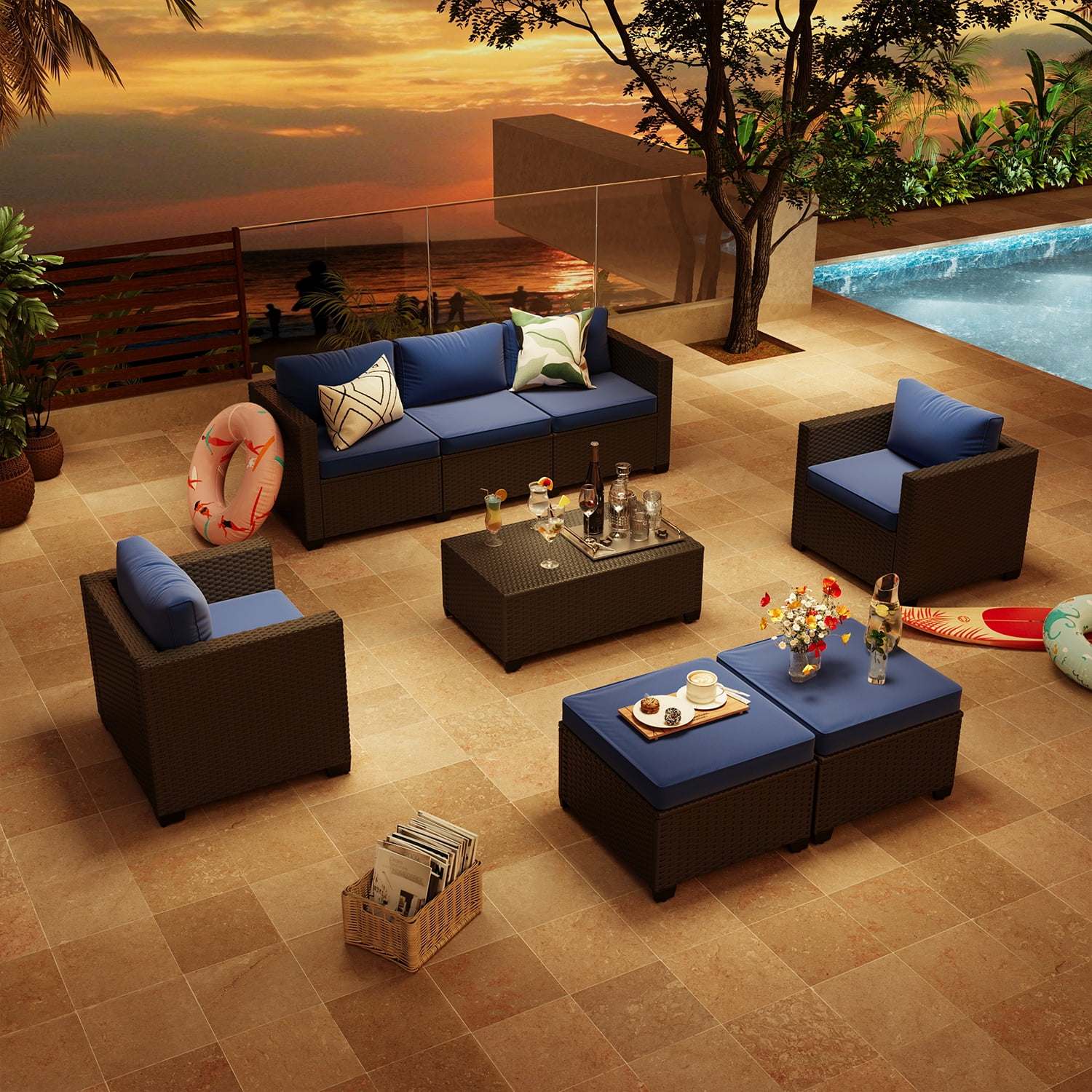 ClouddWell 6 Piece Outdoor Wicker Patio Furniture Set, Rattan Sectional Sofa Sets with Navy Blue Cushions