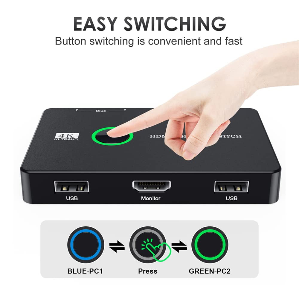 JSER KVM USB 2.0 & HDMI 4K Switch Selector Dual PCs Sharing Monitor HDTV USB Port Keyboard Mouse Scanner Printer