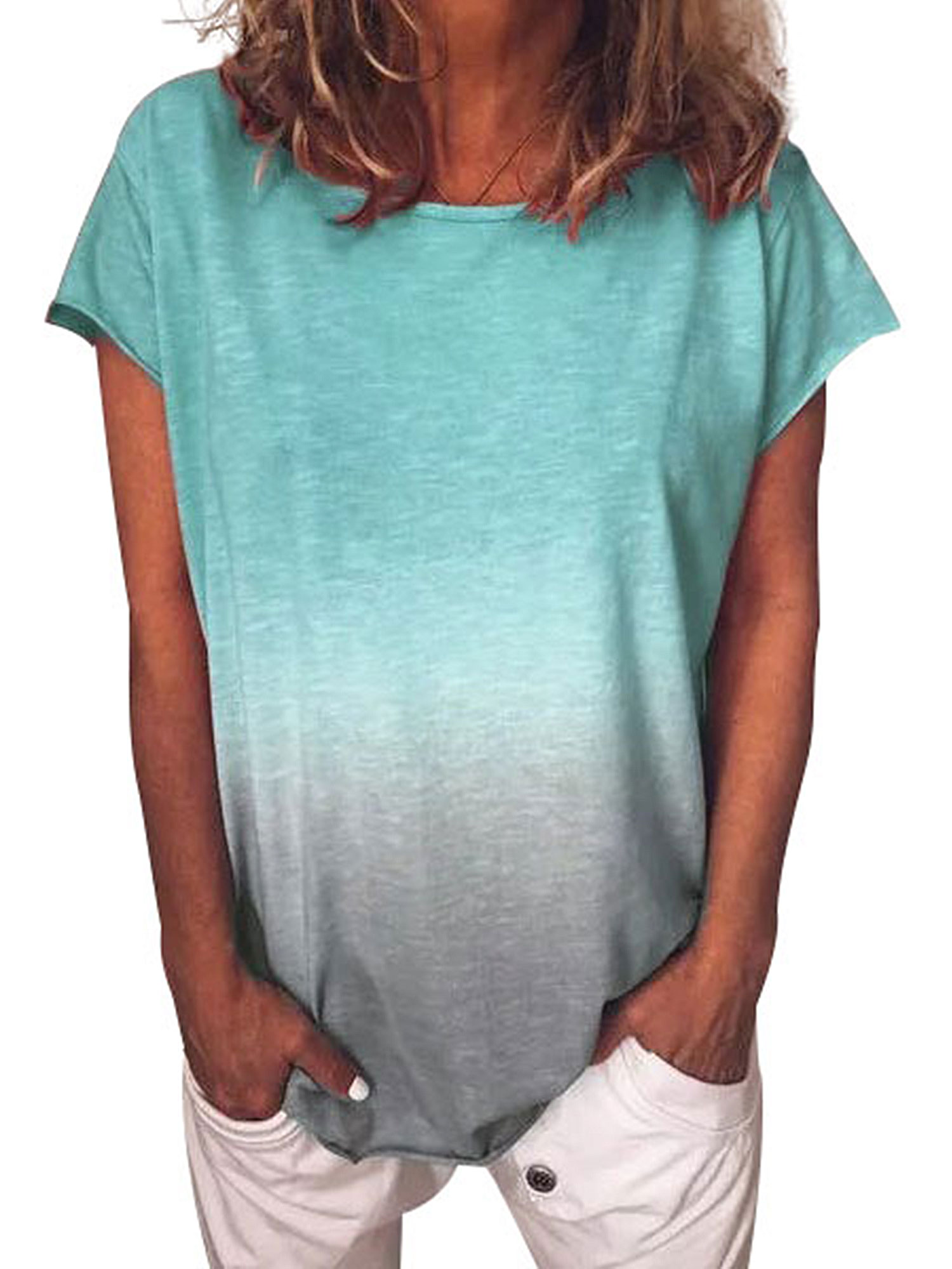Meikosks Womens Summer Oversized Tops Tie-Dye Short Sleeve Crew Neck T-Shirt with Pocket Blouses 