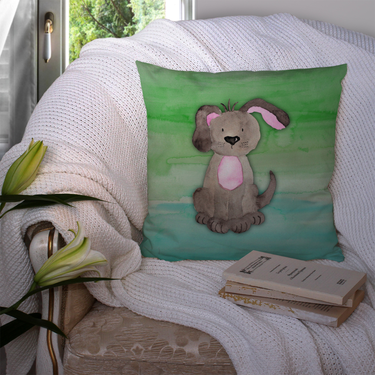 Dog Teal and Green Watercolor Fabric Decorative Pillow