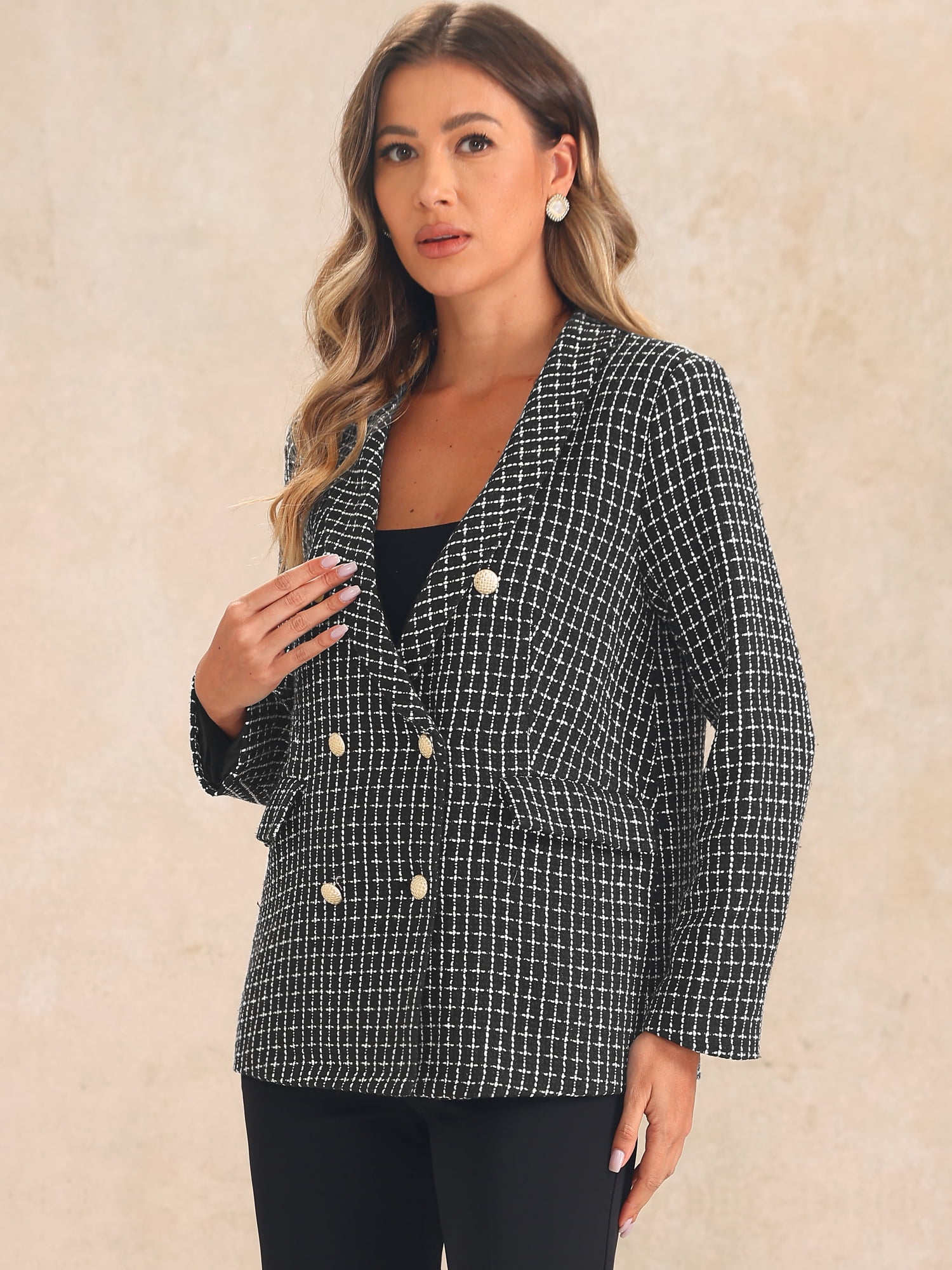 DARING DIVA Women's Casual Tweed Blazer Button Front Plaids Jacket Coat XL Black