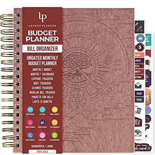 Planificador presupuesto y organizador facturas con bolsillos - Libro finanzas hogar registros pagos y gastos - Cuaderno financiero presupuesto familiar - Grande, 8x9.5”, oro rosa